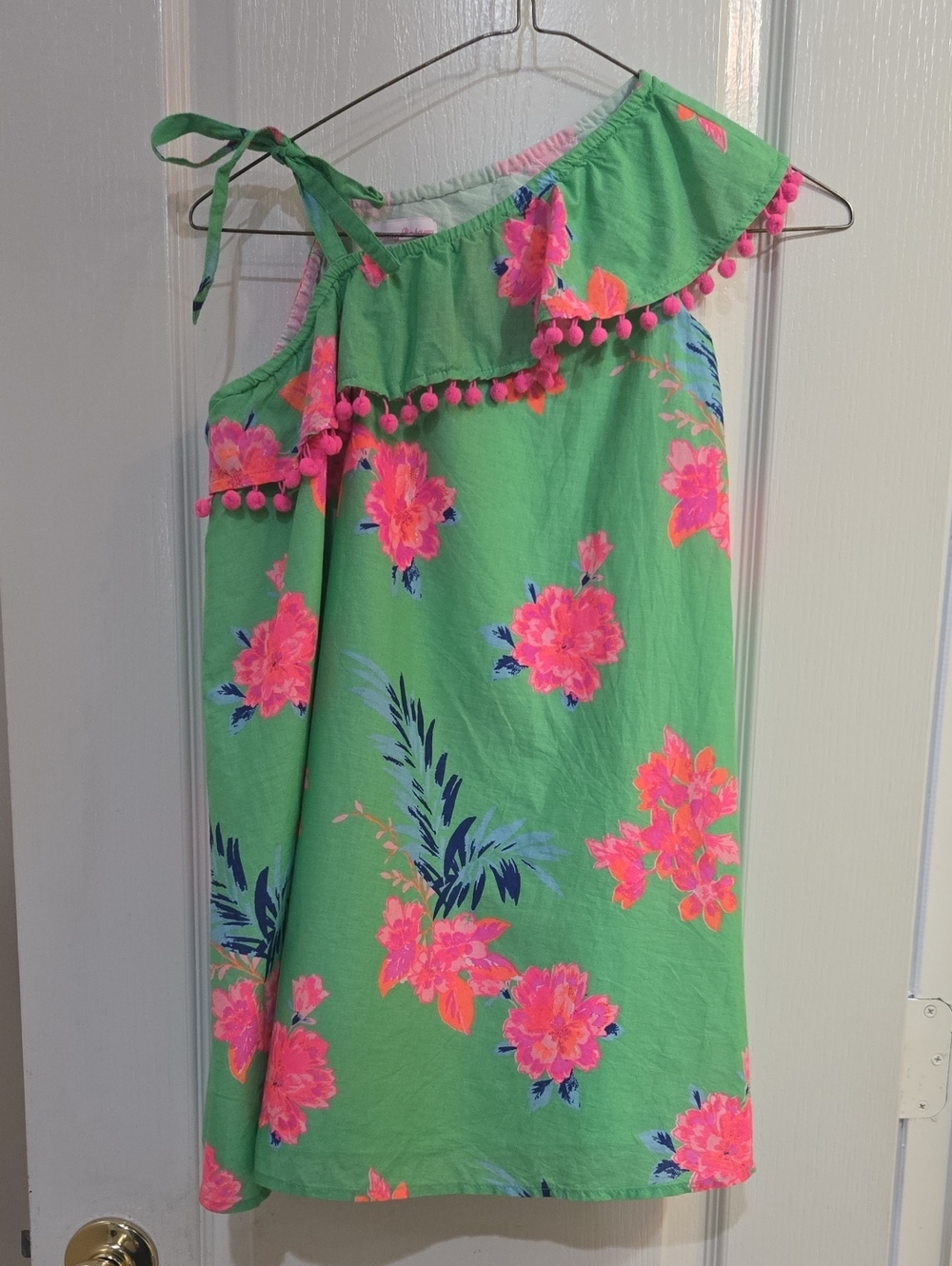 Tommy Bahama Green Floral One-Shoulder Dress with Pink Pom Trim Girls Size 7